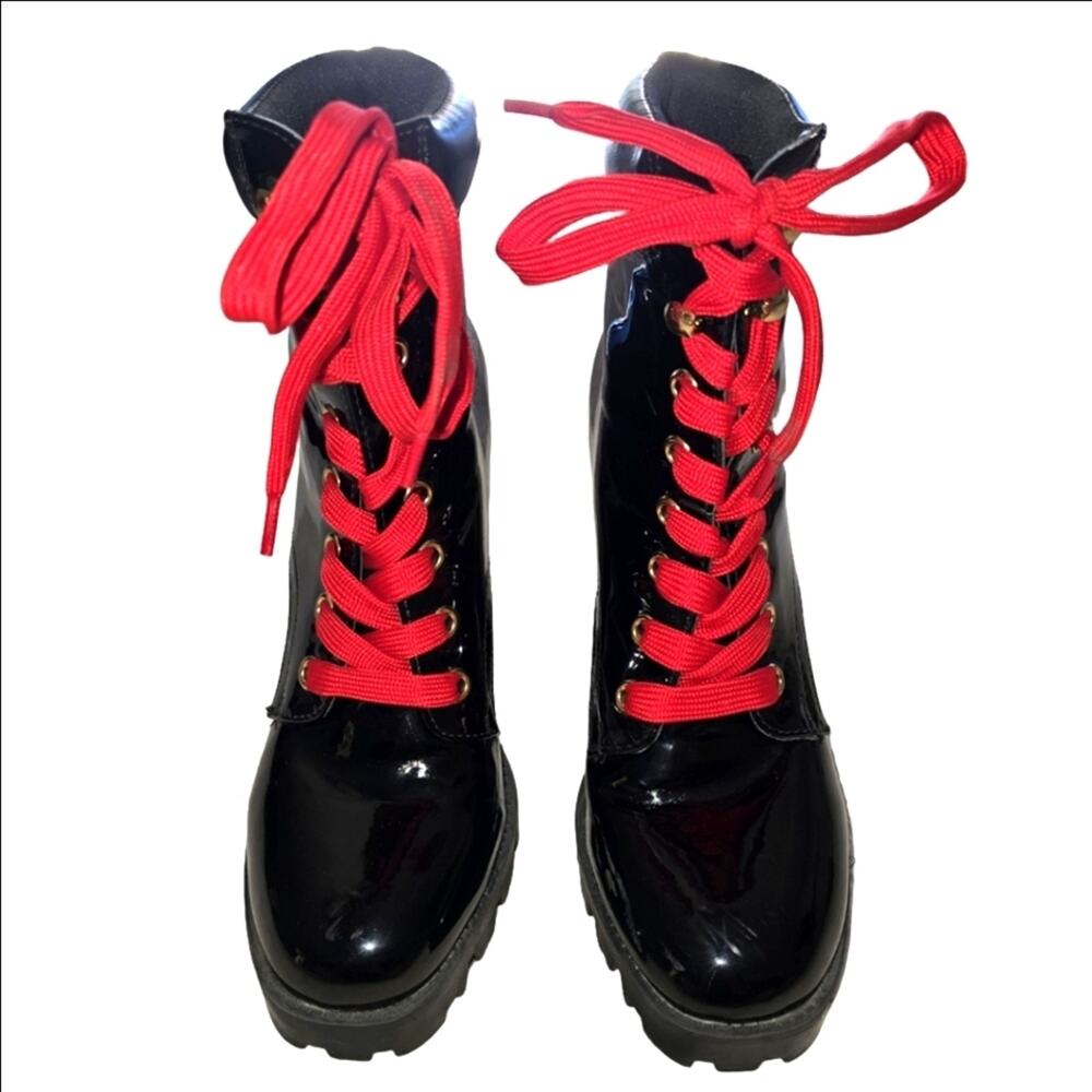 Forever 21 Black Patent Look Platform Combat Boots Red Laces Heels Size 7 Y2K